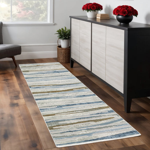 HomeRoots 8' Abstract Beige and Blue Runner Rug – Stylish, Stain-Resistant, Soft Pile for High-Traffic Spaces 2'3" x 7'6" 508783