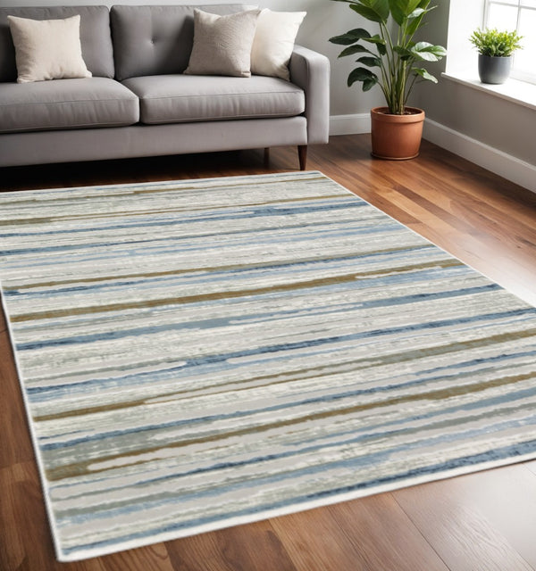 HomeRoots 8' Abstract Beige and Blue Runner Rug – Stylish, Stain-Resistant, Soft Pile for High-Traffic Spaces 5' X 8' 508785