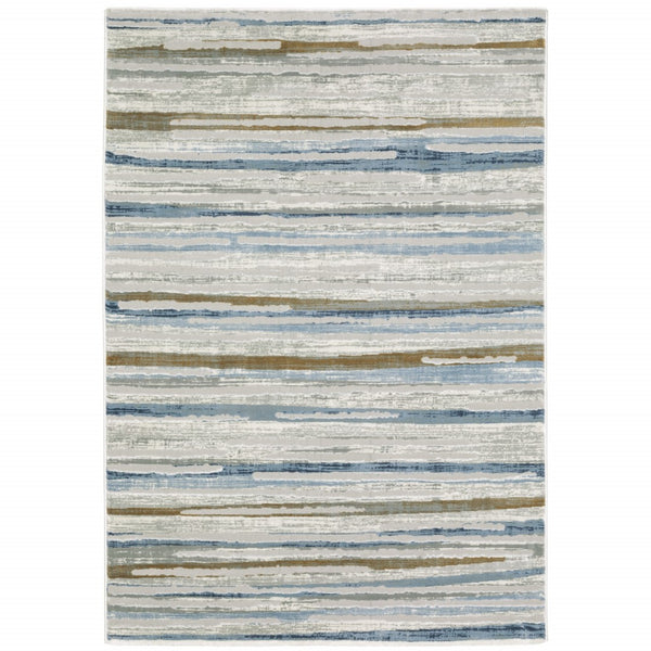 HomeRoots 8' Abstract Beige and Blue Runner Rug – Stylish, Stain-Resistant, Soft Pile for High-Traffic Spaces 7' X 10' 508786