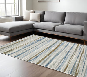 HomeRoots 8' Abstract Beige and Blue Runner Rug – Stylish, Stain-Resistant, Soft Pile for High-Traffic Spaces 10' X 13' 508787