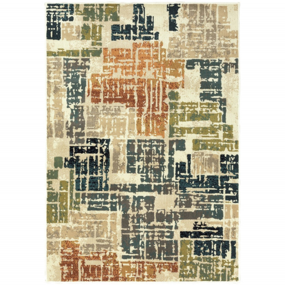 HomeRoots 10'' Abstract Power Loom Area Rug in Beige, Terracotta, Green, Navy & Gray - Durable, Stain Resistant Design 10' X 13' 508793