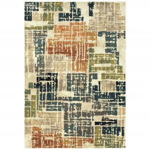 HomeRoots 10'' Abstract Power Loom Area Rug in Beige, Terracotta, Green, Navy & Gray - Durable, Stain Resistant Design 10' X 13' 508793