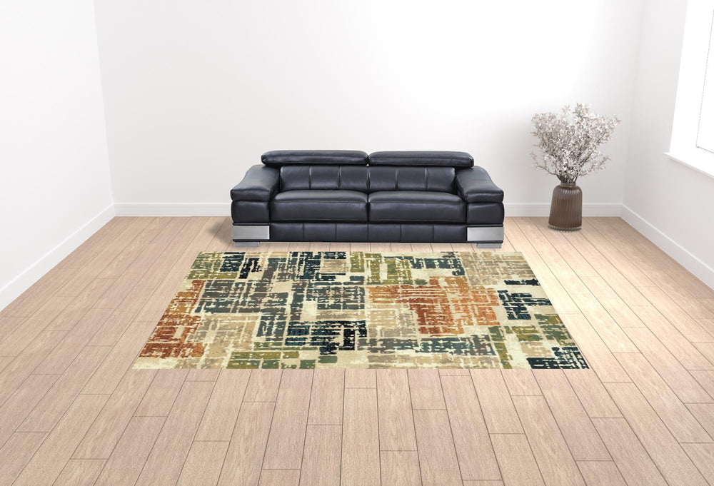Homeroots 10' X 13' Beige Terracotta Green Navy And Grey Abstract Power Loom Stain Resistant Area Rug  Polypropylene 508793