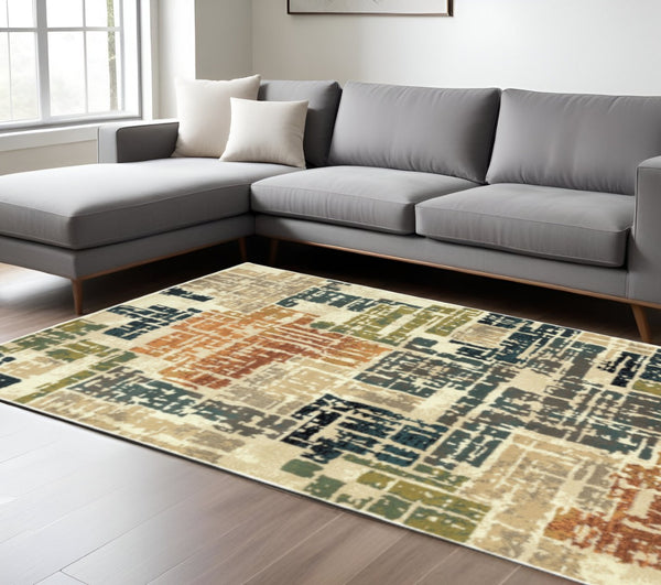 HomeRoots 10'' Abstract Power Loom Area Rug in Beige, Terracotta, Green, Navy & Gray - Durable, Stain Resistant Design 10' X 13' 508793