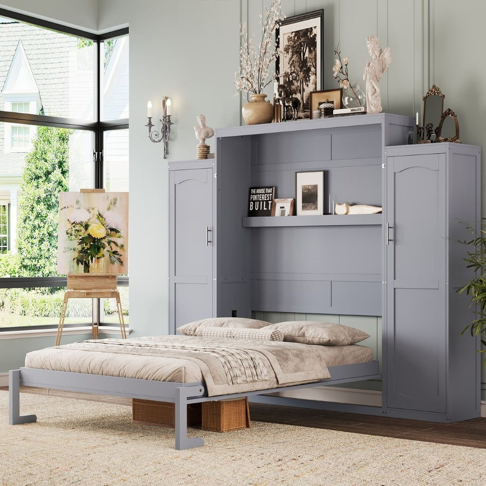 English Elm Queen Murphy Wall Bed Walnut Wooden Frame Dual Wardrobes Foldable Guest Room Storage N733S235627E