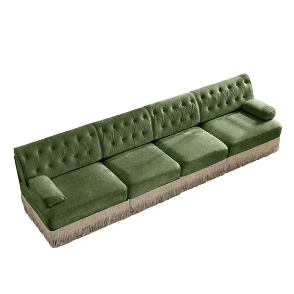 English Elm 135" Modular Chesterfield Sectional Sofa Velvet Tufted Tassel Skirt Lounge Seating Green W714S01710