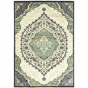 Homeroots 10' X 13' Ivory Navy And Green Oriental Power Loom Stain Resistant Area Rug  Polypropylene 508811