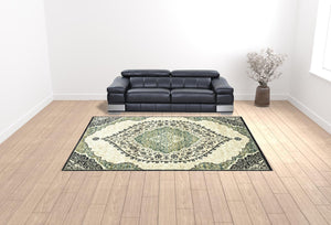 Homeroots 10' X 13' Ivory Navy And Green Oriental Power Loom Stain Resistant Area Rug  Polypropylene 508811
