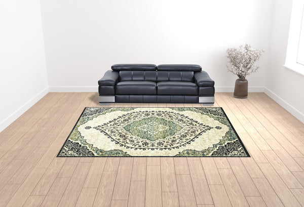Homeroots 10' X 13' Ivory Navy And Green Oriental Power Loom Stain Resistant Area Rug  Polypropylene 508811