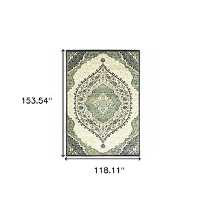 HomeRoots 10' Elegant Ivory, Navy & Green Oriental Power Loom Area Rug - Stain Resistant & Durable Design 508811