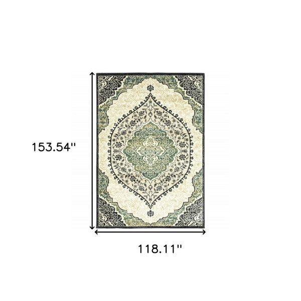 HomeRoots 10' Elegant Ivory, Navy & Green Oriental Power Loom Area Rug - Stain Resistant & Durable Design 508811