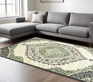 HomeRoots 10' Elegant Ivory, Navy & Green Oriental Power Loom Area Rug - Stain Resistant & Durable Design 508811