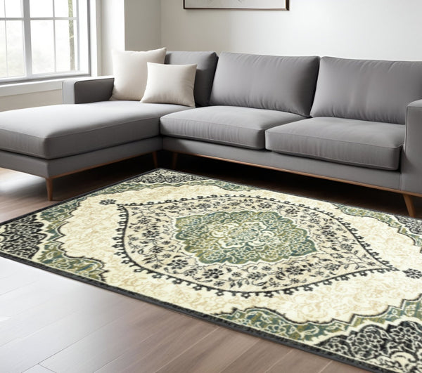 HomeRoots 10' Elegant Ivory, Navy & Green Oriental Power Loom Area Rug - Stain Resistant & Durable Design 508811