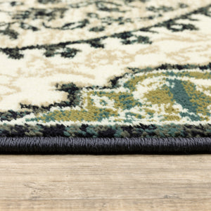 Homeroots 10' X 13' Ivory Navy And Green Oriental Power Loom Stain Resistant Area Rug  Polypropylene 508811