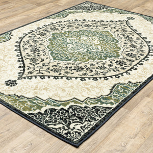 Homeroots 10' X 13' Ivory Navy And Green Oriental Power Loom Stain Resistant Area Rug  Polypropylene 508811