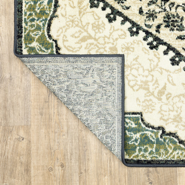 Homeroots 10' X 13' Ivory Navy And Green Oriental Power Loom Stain Resistant Area Rug  Polypropylene 508811