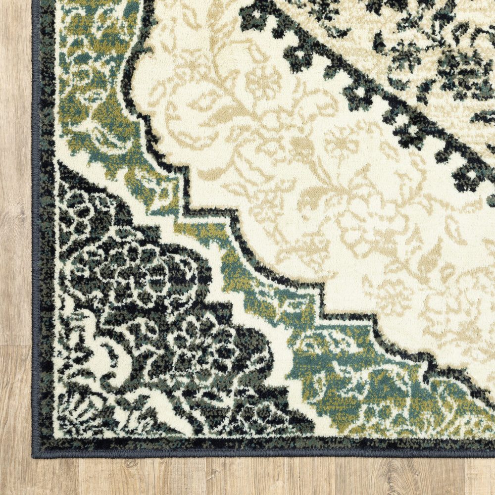 Homeroots 10' X 13' Ivory Navy And Green Oriental Power Loom Stain Resistant Area Rug  Polypropylene 508811