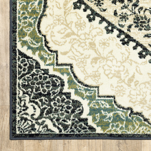 Homeroots 10' X 13' Ivory Navy And Green Oriental Power Loom Stain Resistant Area Rug  Polypropylene 508811