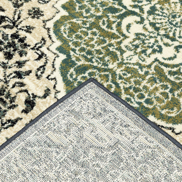 Homeroots 10' X 13' Ivory Navy And Green Oriental Power Loom Stain Resistant Area Rug  Polypropylene 508811