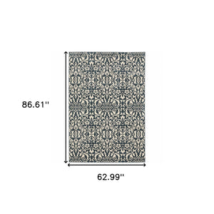 Homeroots 5' X 7' Blue And Ivory Floral Power Loom Stain Resistant Area Rug  Polyester 508812