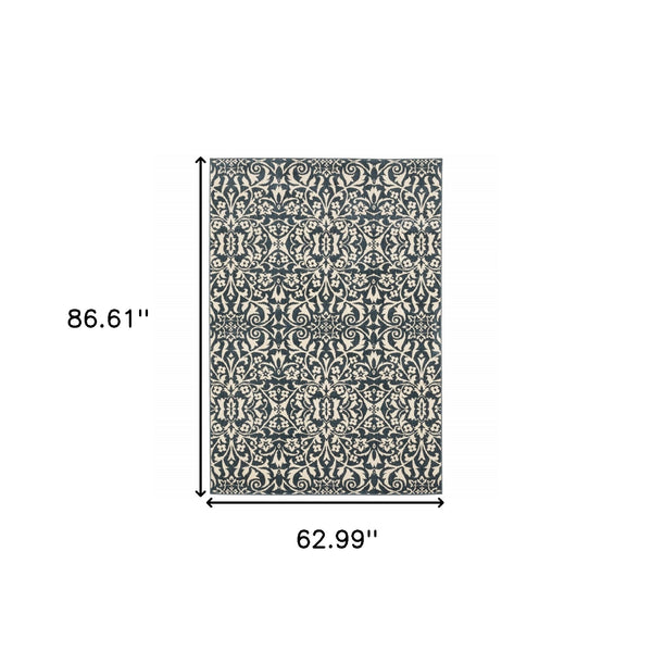 Homeroots 5' X 7' Blue And Ivory Floral Power Loom Stain Resistant Area Rug  Polyester 508812