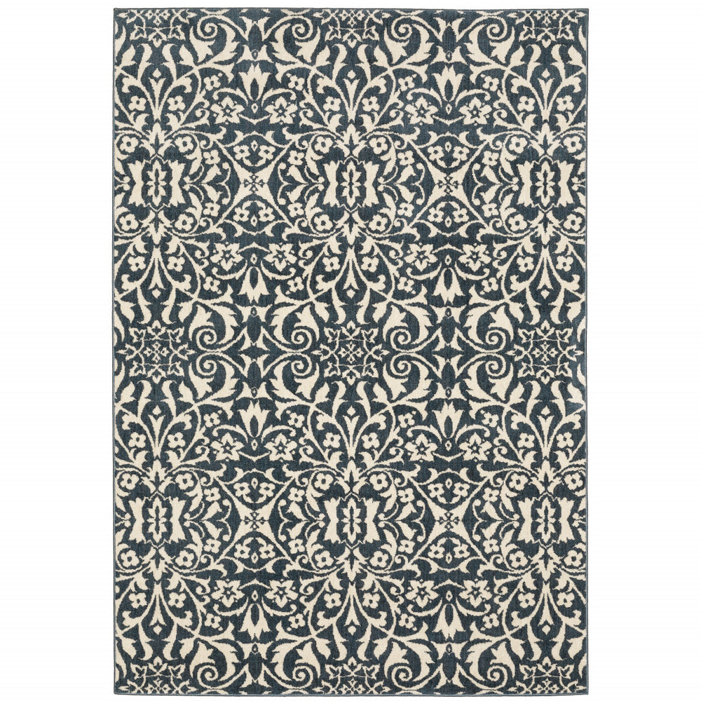 Homeroots 10' X 13' Blue And Ivory Floral Power Loom Stain Resistant Area Rug  Polyester 508815
