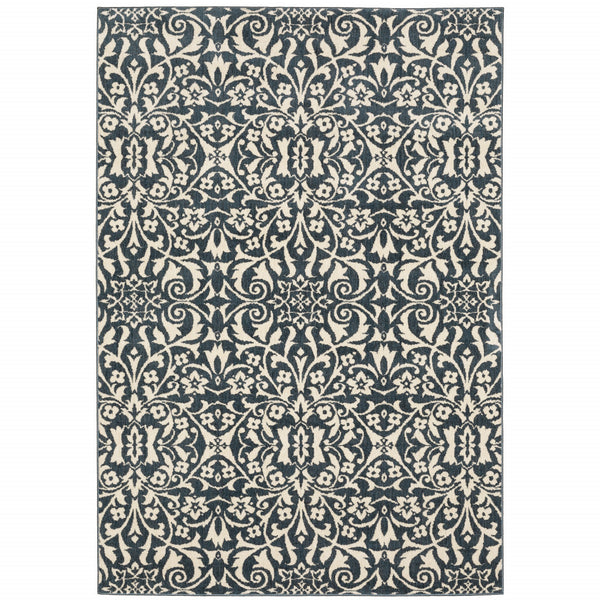 Homeroots 10' X 13' Blue And Ivory Floral Power Loom Stain Resistant Area Rug  Polyester 508815