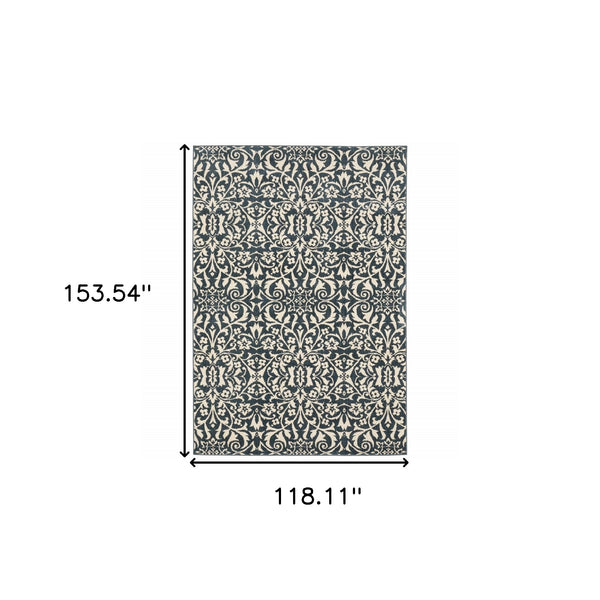 Homeroots 10' X 13' Blue And Ivory Floral Power Loom Stain Resistant Area Rug  Polyester 508815