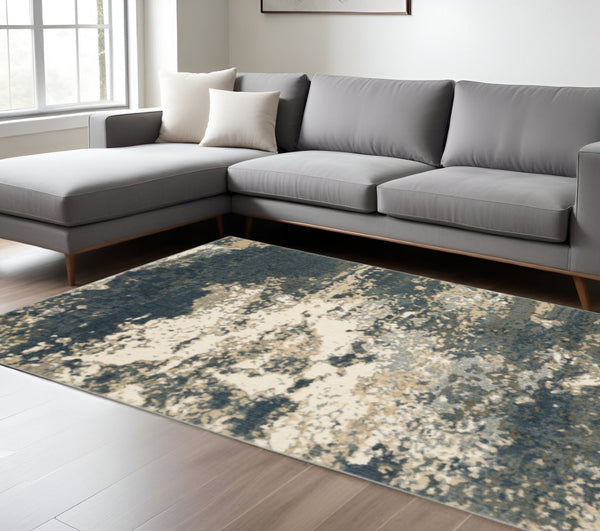 HomeRoots 10' Modern Abstract Area Rug in Beige, Blue & Sage - Stain Resistant, Low-Pile for High Traffic Spaces 508826
