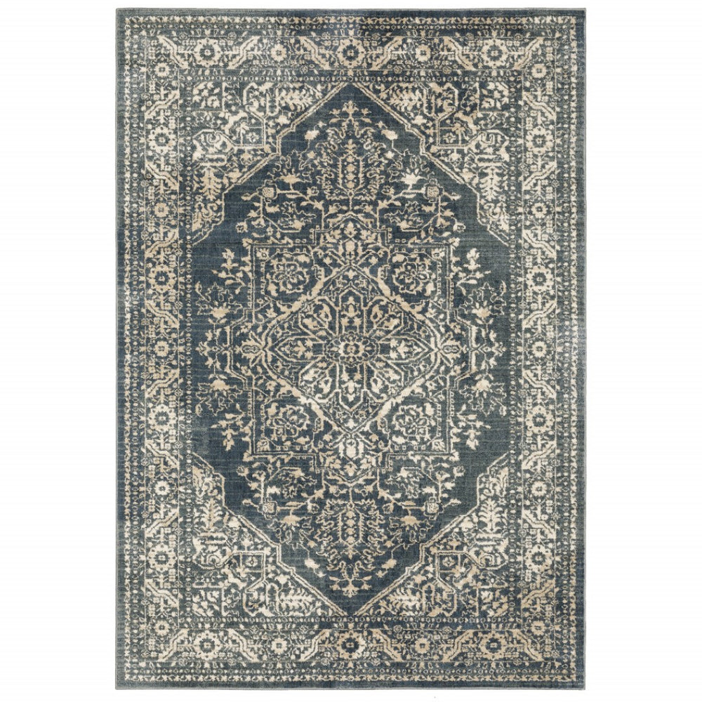 HomeRoots 10' X 13' Beige Grey Blue Oriental Area Rug - Stain Resistant, Durable, Vintage Style for Homes 508830
