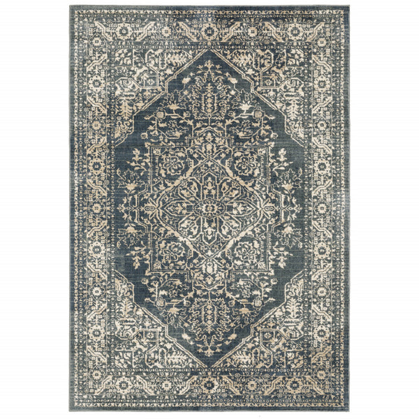 Homeroots 10' X 13' Beige Grey And Blue Oriental Power Loom Stain Resistant Area Rug  Polyester 508830