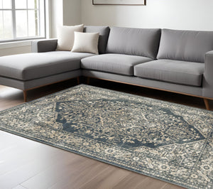HomeRoots 10' X 13' Beige Grey Blue Oriental Area Rug - Stain Resistant, Durable, Vintage Style for Homes 508830
