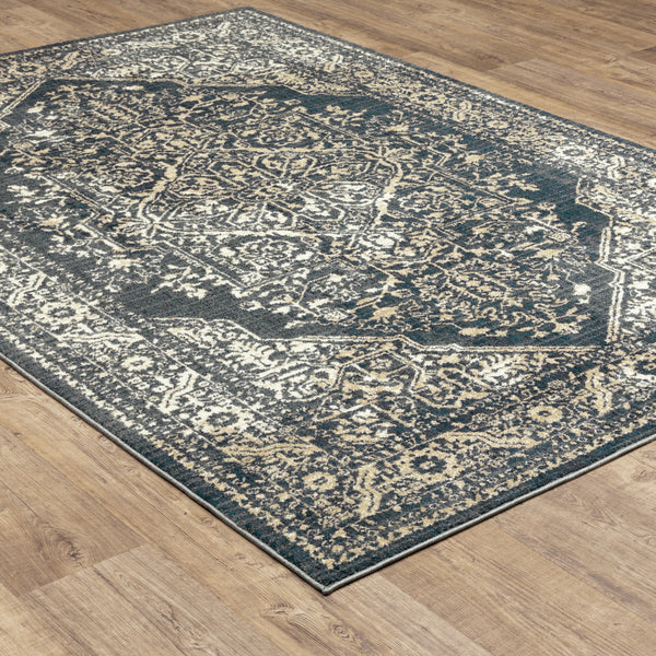 Homeroots 10' X 13' Beige Grey And Blue Oriental Power Loom Stain Resistant Area Rug  Polyester 508830