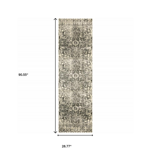 Homeroots 2' X 8' Grey Ivory And Brown Oriental Power Loom Stain Resistant Runner Rug  Polypropylene 508841