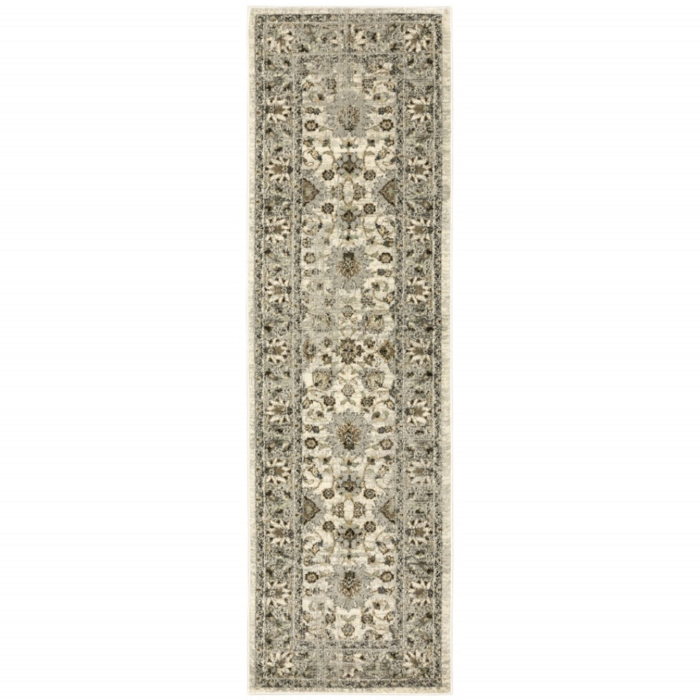 HomeRoots 2' Elegant Beige and Charcoal Oriental Runner Rug - Stain-Resistant for Busy Homes and Spaces 2'3" x 7'6" 508851