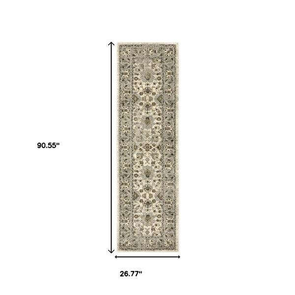 HomeRoots 2' Elegant Beige and Charcoal Oriental Runner Rug - Stain-Resistant for Busy Homes and Spaces 2'3" x 7'6" 508851