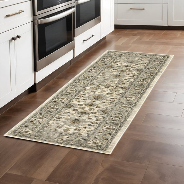 HomeRoots 2' Elegant Beige and Charcoal Oriental Runner Rug - Stain-Resistant for Busy Homes and Spaces 2'3" x 7'6" 508851