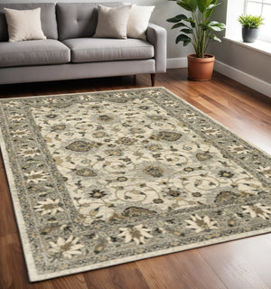 HomeRoots 2' Elegant Beige and Charcoal Oriental Runner Rug - Stain-Resistant for Busy Homes and Spaces 5' X 8' 508852