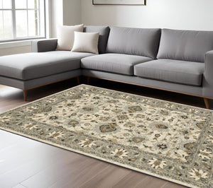 HomeRoots 2' Elegant Beige and Charcoal Oriental Runner Rug - Stain-Resistant for Busy Homes and Spaces 7' X 10' 508853