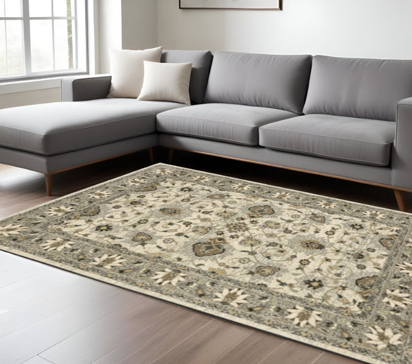 HomeRoots 2' Elegant Beige and Charcoal Oriental Runner Rug - Stain-Resistant for Busy Homes and Spaces 8' X 11' 508854