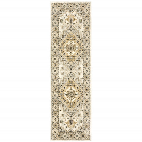 HomeRoots 2' Elegant Beige Grey Tan Brown Oriental Runner Rug - Stain Resistant, Durable & Easy Care Design 2'3" x 7'6" 508856