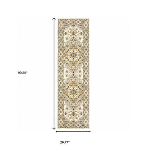 HomeRoots 2' Elegant Beige Grey Tan Brown Oriental Runner Rug - Stain Resistant, Durable & Easy Care Design 2'3" x 7'6" 508856