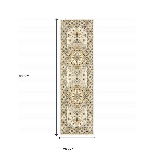 HomeRoots 2' Elegant Beige Grey Tan Brown Oriental Runner Rug - Stain Resistant, Durable & Easy Care Design 2'3" x 7'6" 508856