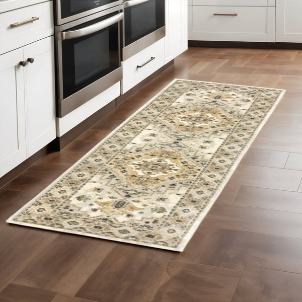 HomeRoots 2' Elegant Beige Grey Tan Brown Oriental Runner Rug - Stain Resistant, Durable & Easy Care Design 2'3" x 7'6" 508856