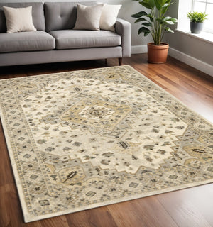 HomeRoots 2' Elegant Beige Grey Tan Brown Oriental Runner Rug - Stain Resistant, Durable & Easy Care Design 5' X 8' 508857