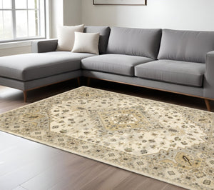 HomeRoots 2' Elegant Beige Grey Tan Brown Oriental Runner Rug - Stain Resistant, Durable & Easy Care Design 8' X 11' 508859