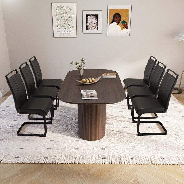 English Elm 63 Inch Mdf Dining Table and Six Pu Leather Chair Set for Modern Industrial Homes W2189S00890