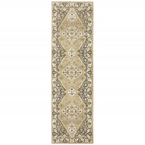 HomeRoots 2' Power Loomed Beige and Grey Oriental Runner Rug – Stain Resistant, Soft, Stylish for High Traffic Areas 2'3" x 7'6" 508861