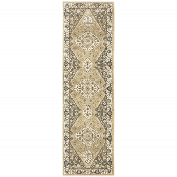 HomeRoots 2' Power Loomed Beige and Grey Oriental Runner Rug – Stain Resistant, Soft, Stylish for High Traffic Areas 2'3" x 7'6" 508861