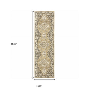 HomeRoots 2' Power Loomed Beige and Grey Oriental Runner Rug – Stain Resistant, Soft, Stylish for High Traffic Areas 2'3" x 7'6" 508861